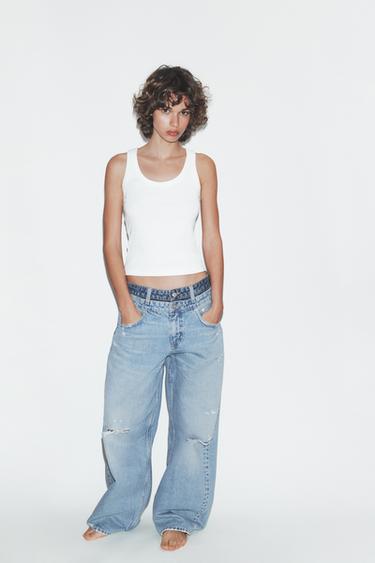 TRF STRAIGHT JEANS WITH DOUBLE WAISTBAND - Sky blue by Zara