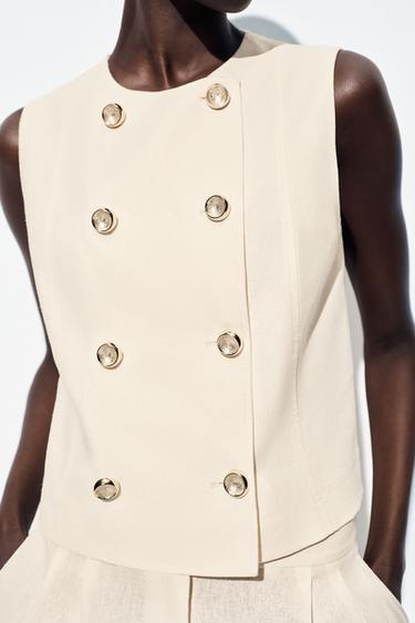 DOUBLE-BREASTED LINEN BLEND WAISTCOAT - Ecru by Zara