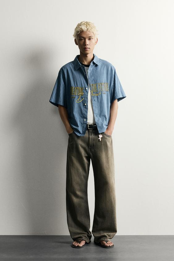CHECKED RELAXED FIT ZIP-UP SHIRT - Blue by Zara - Image 0