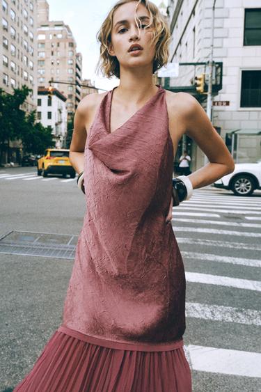 PLEATED CONTRAST MIDI DRESS - MARSALA by Zara