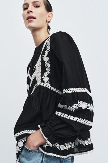 EMBROIDERED BLOUSE ZW COLLECTION - Black / White by Zara