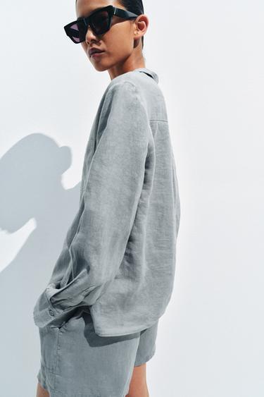 100% LINEN SHIRT WITH POCKET ZW COLLECTION - Blue / Green by Zara