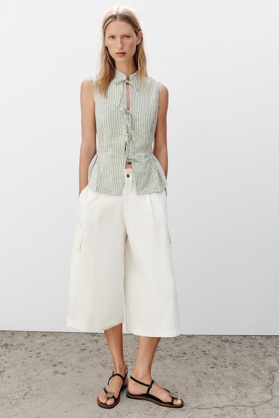 STRIPED TOP WITH METALLIC THREAD BOWS - Green / Ecru by Zara - Image 0