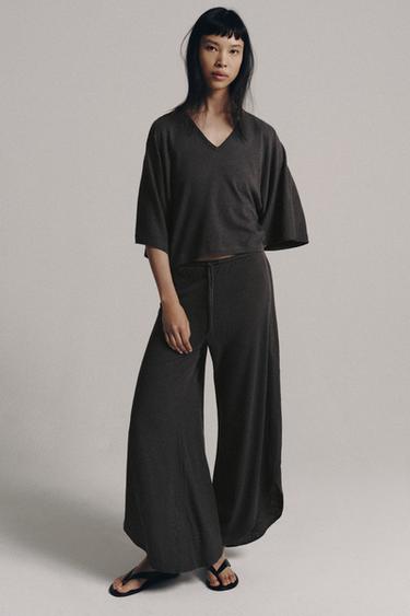 LINEN BLEND TROUSERS WITH VENTS - Charcoal by Zara