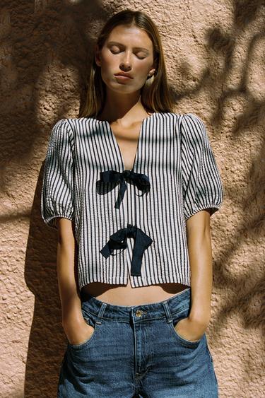 LINEN BLEND TIE BLOUSE - Ecru / Navy by Zara