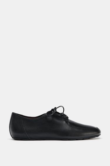 LEATHER LACE-UP FLAT SHOES - Black by Zara
