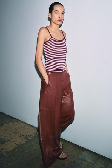 STRIPED KNIT STRAP TOP - Mid-pink by Zara