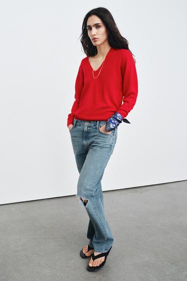 100% EXTRA-SOFT WOOL V-NECK JUMPER - Red by Zara