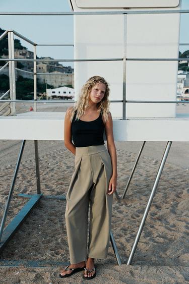 STRIPED PLEATED BALLOON TROUSERS - Mid-green by Zara