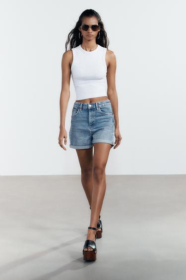HIGH-WAIST MOM FIT TRF BERMUDA SHORTS - Blue by Zara - Image 0