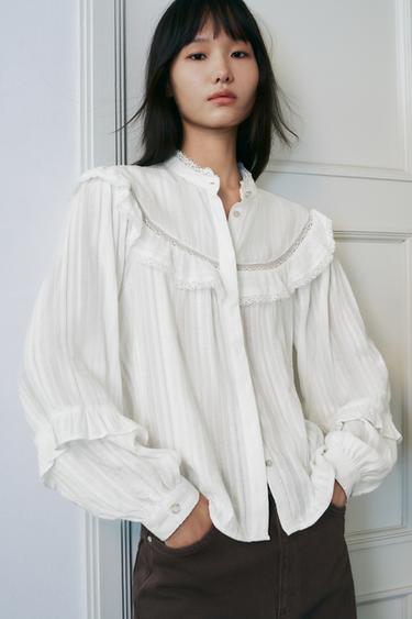 BLOUSE WITH LACE TRIM AND RUFFLES - White by Zara
