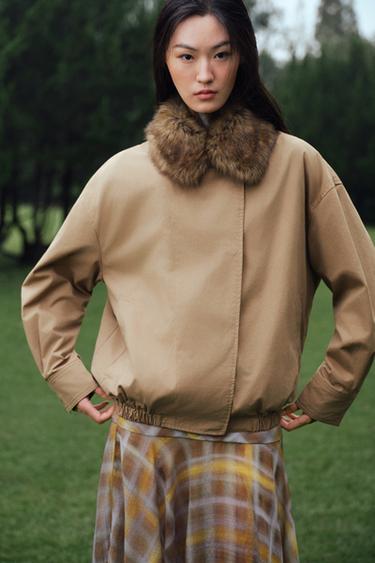 FAUX FUR COLLAR BOMBER JACKET ZW COLLECTION - Dark camel by Zara