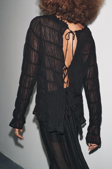 SEMI-SHEER KNIT BLOUSE WITH GATHERED DETAILS - Black by Zara