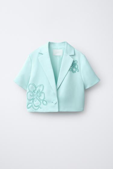 CROPPED SATIN BLAZER WITH BEADED FLOWERS - Blue / Green by Zara