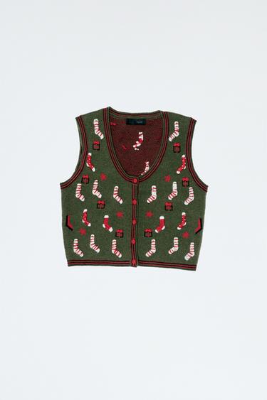 KNIT CHRISTMAS EMBROIDERED VEST - Bottle green by Zara