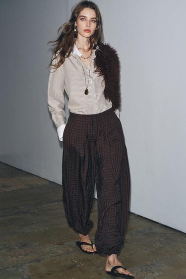 GINGHAM BLOOMER TROUSERS ZW COLLECTION - Dark burgundy by Zara