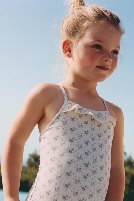 2-6 YEARS/ LACE TRIM FLORAL SWIMSUIT - Beige by Zara - Image 0