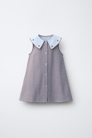 STRIPED DRESS WITH EMBROIDERED COLLAR - Aubergine by Zara