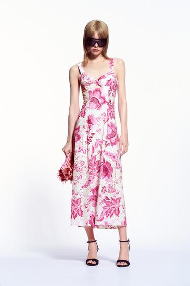 PRINTED DRESS WITH CUTWORK EMBROIDERY - Pink / White by Zara