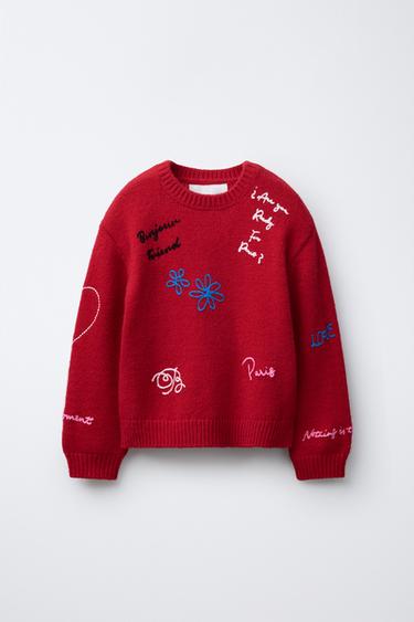 EMBROIDERED KNIT JUMPER - Red by Zara