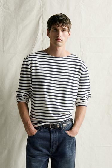 RELAXED FIT JACQUARD STRIPE T-SHIRT - Ecru / Navy by Zara