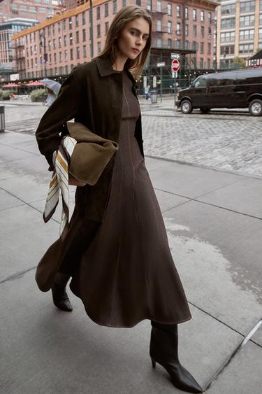 CONTRAST TOPSTITCHING MIDI DRESS - Brown by Zara