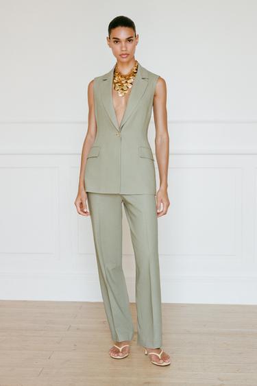 STRAIGHT-LEG LINEN BLEND TROUSERS - Light khaki by Zara