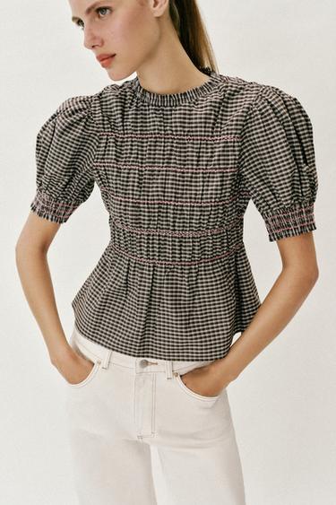 SMOCKED CHECK SHIRT - Brown / Ecru by Zara