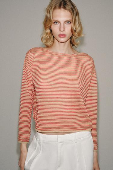 STRIPED FINE KNIT LINEN BLEND JUMPER - Ecru / Red by Zara