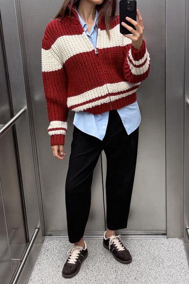 STRIPED KNIT CARDIGAN - Ecru / Red by Zara - Image 0