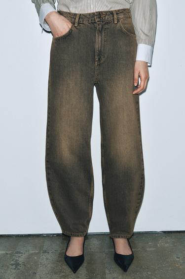ZW COLLECTION MID-WAIST BARREL JEANS - Brown by Zara