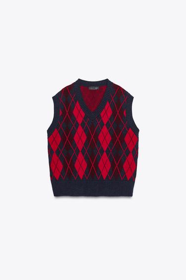 OVERSIZED ARGYLE KNIT JUMPER VEST - red/navy by Zara