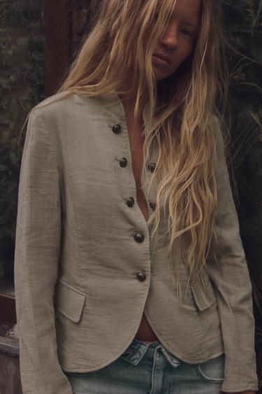 RUSTIC BUTTONED BLAZER - Grey green by Zara