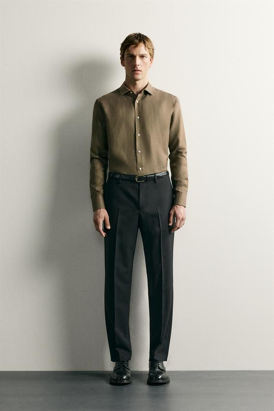 REGULAR FIT LINEN-LYOCELL SHIRT - Khaki by Zara - Image 0