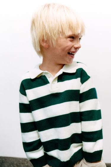 STRIPED POLO SWEATER - Ecru / Green by Zara