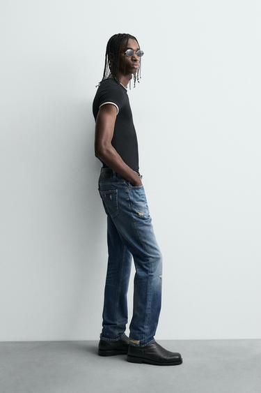 RIPPED SLIM FIT JEANS - Mid-blue by Zara