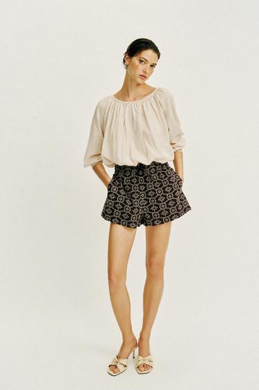 EMBROIDERED DIE-CUT BERMUDA SHORTS - Brown / Ecru by Zara