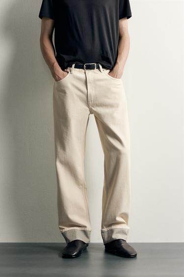 CONTRAST TURN-UP STRAIGHT-LEG JEANS - Ecru by Zara
