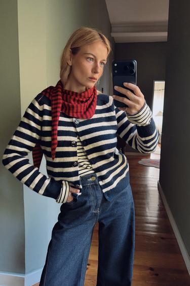 STRIPED CARDIGAN - Ecru / Blue by Zara