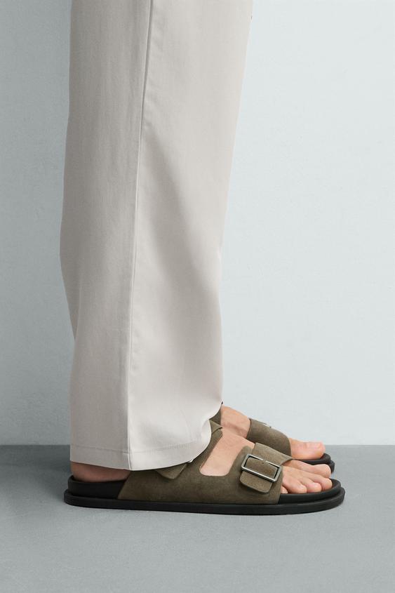 DOUBLE-STRAP LEATHER SANDALS - Taupe Grey by Zara - Image 0