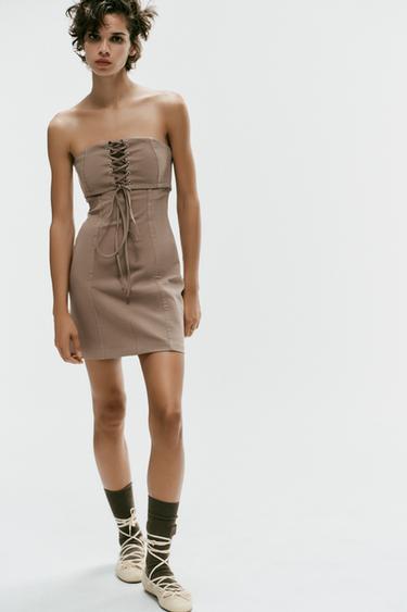 STRAPPY HALTER MINI DRESS - camel by Zara