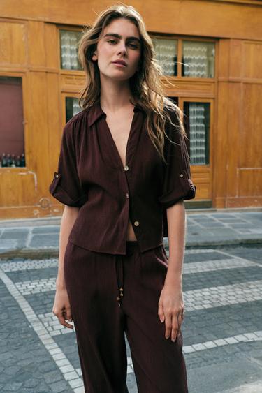 FLOWING SHORT SLEEVE SHIRT - Dark brown by Zara