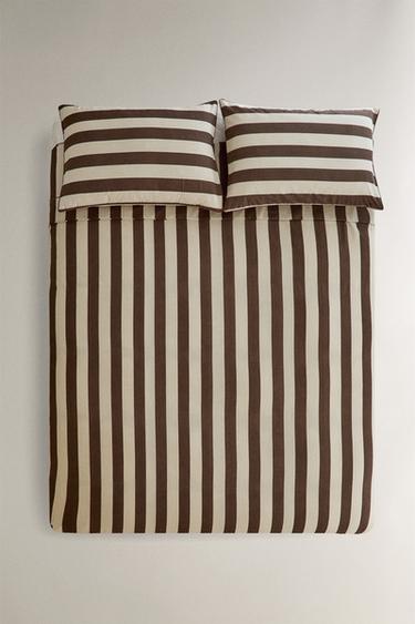 STRIPED WASHED COTTON DUVET COVER - Brown by Zara