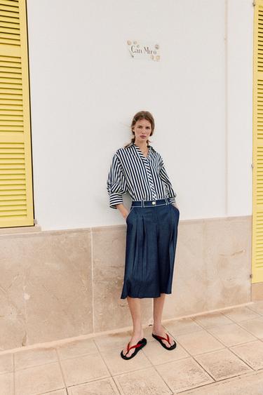 STRIPED LINEN BLEND PUFF SLEEVE SHIRT - Blue/White by Zara