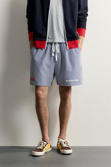 RELAXED FIT STRIPED BERMUDA SHORTS WITH PATCHES - Blue/White by Zara
