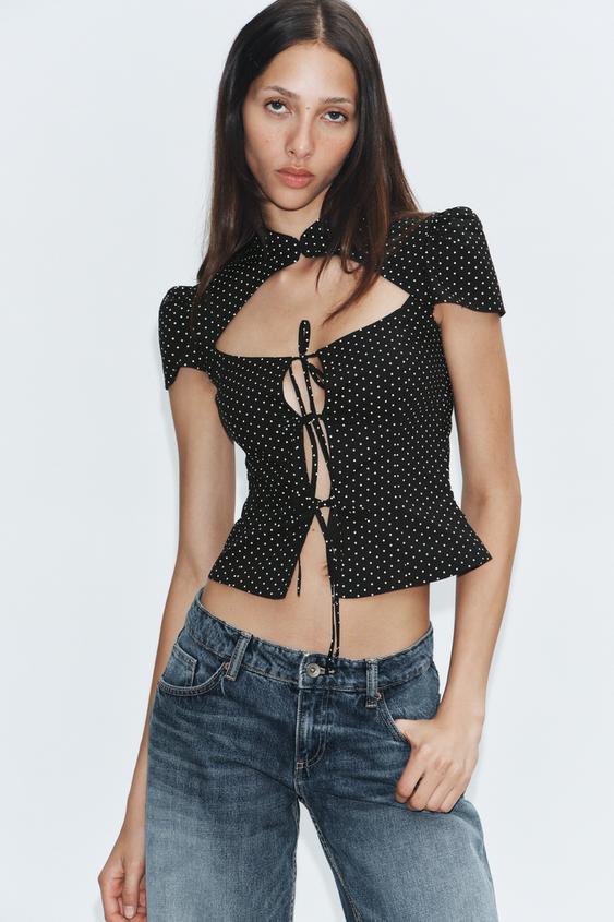 POPLIN SHIRT WITH TIES AND DOTS - Black / White by Zara - Image 0