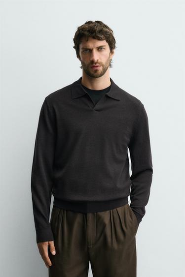 100% WOOL KNIT POLO SHIRT - Dark brown by Zara