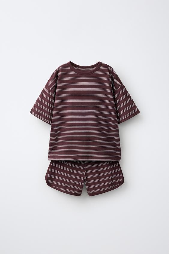 STRIPED T-SHIRT AND BERMUDA SHORTS JOGGING SET - Brown by Zara - Image 0
