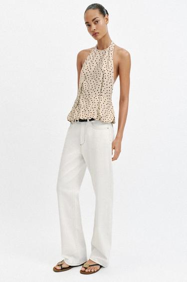 LINEN BLEND POLKA DOT BALLOON TOP - 930 by Zara