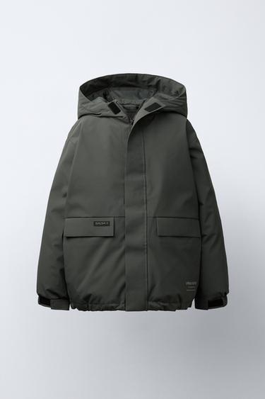 WATER-REPELLENT FEATHER AND DOWN PUFFER JACKET WITH LABEL - Dark charcoal grey by Zara